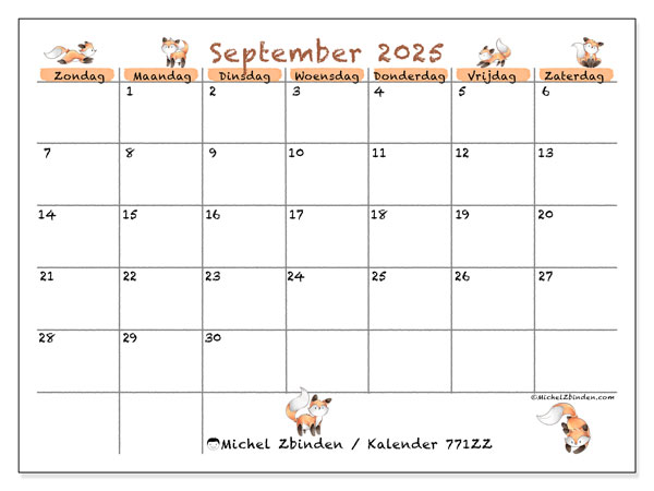 Kalender om af te drukken, september 2025, 771ZZ