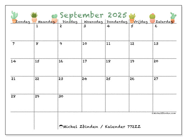 Kalender om af te drukken, september 2025, 772ZZ