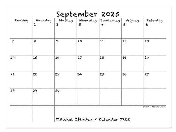Kalender om af te drukken, september 2025, 77ZZ