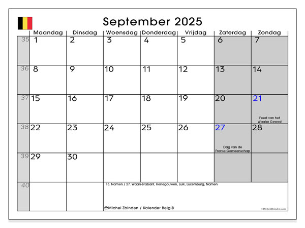 Tulostettava kalenteri, syyskuu 2025, Belgia (NL)