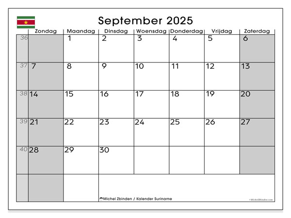 Kalender om af te drukken, september 2025, Suriname (ZZ)