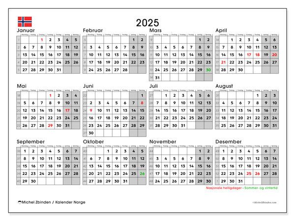 Kalender zum Ausdrucken, Jahrlich 2025, Norwegen