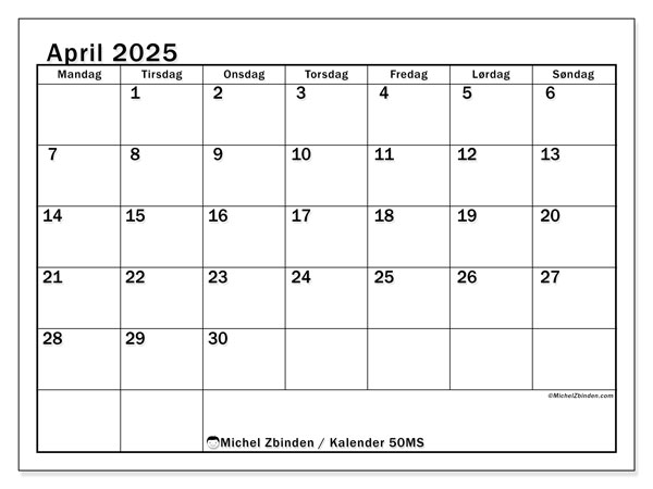 Kalender april 2025 “50”. Gratis kalender for utskrift.. Mandag til søndag