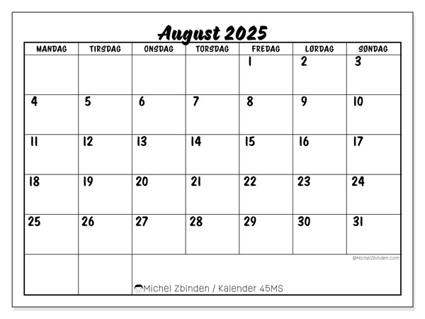 Kalender for utskrift, august 2025, 45MS