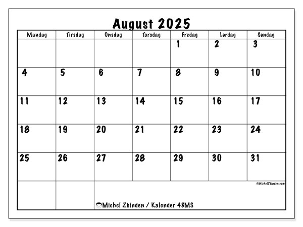 Kalender for utskrift, august 2025, 48MS
