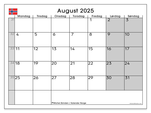 Kalender til udskrivning, august 2025, Norge