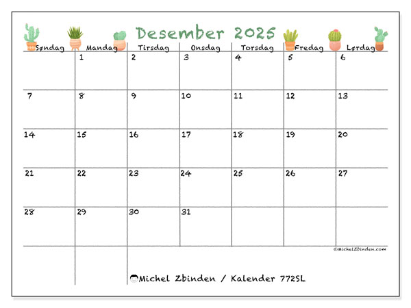 Kalender for utskrift, desember 2025, 772SL