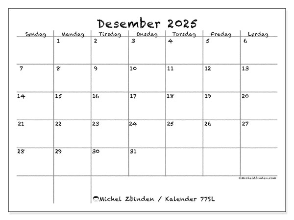 Kalender for utskrift, desember 2025, 77SL