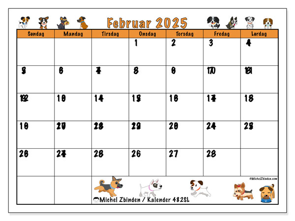 Kalender februar 2025 “482”. Gratis kalender for utskrift.. Søndag til lørdag