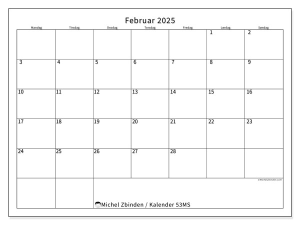 Kalender februar 2025 “53”. Gratis kalender for utskrift.. Mandag til søndag