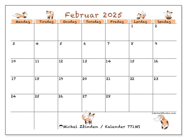 Kalender februar 2025 “771”. Gratis program for utskrift.. Mandag til søndag
