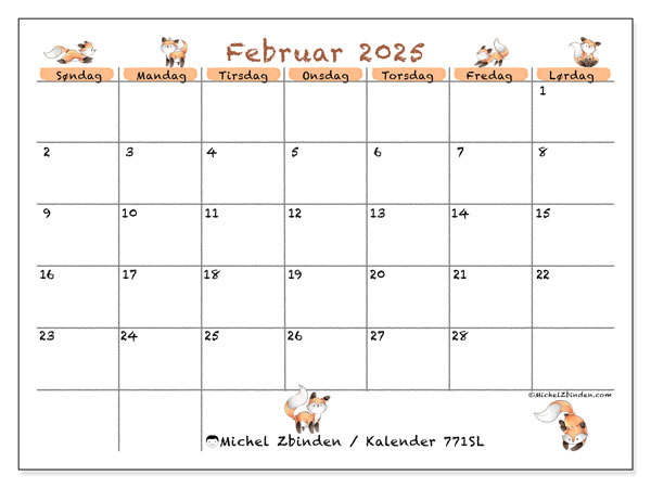 Kalender februar 2025 “771”. Gratis plan for utskrift.. Søndag til lørdag