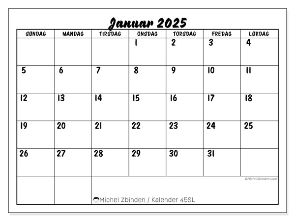 Kalender januar 2025 “45”. Gratis plan for utskrift.. Søndag til lørdag
