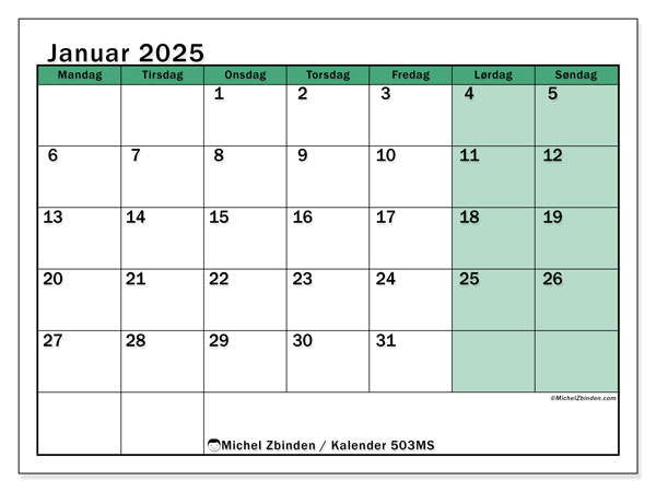 Kalender januar 2025, 503MS. Gratis kalender for utskrift.