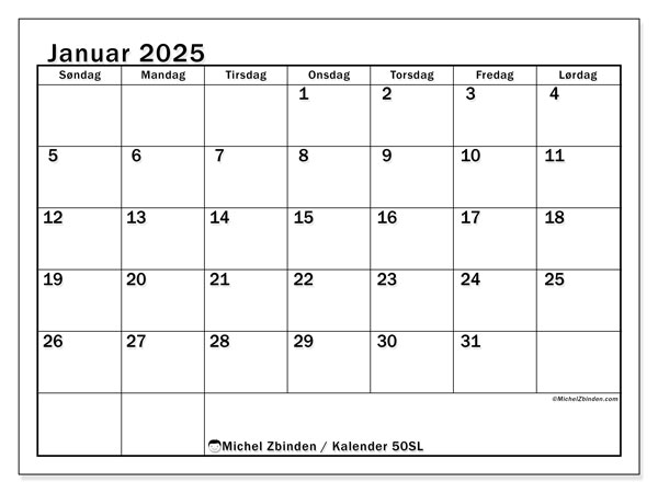 Kalender januar 2025 “50”. Gratis kalender for utskrift.. Søndag til lørdag