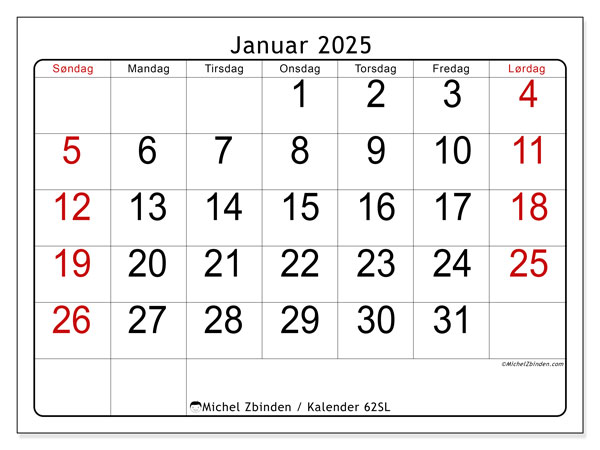 Kalender januar 2025 “62”. Gratis kalender for utskrift.. Søndag til lørdag