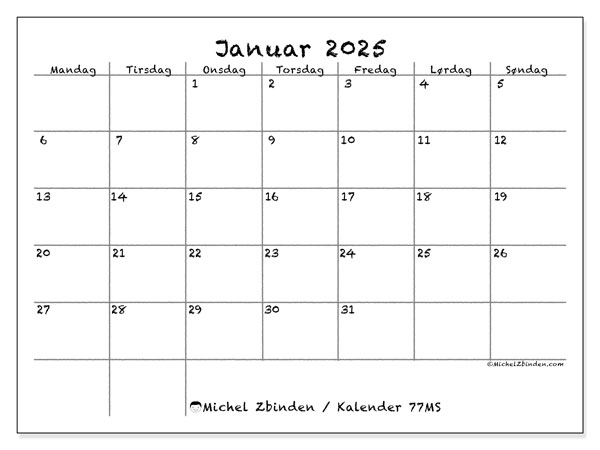Kalender januar 2025 “77”. Gratis program for utskrift.. Mandag til søndag
