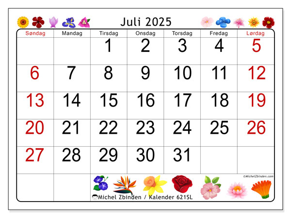 Kalender for utskrift, juli 2025, 621SL