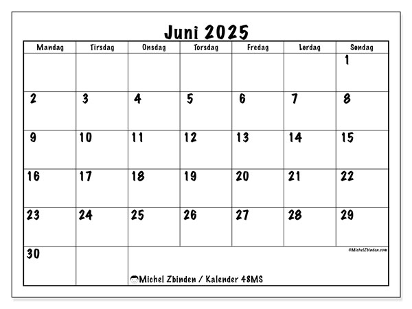 Kalender for utskrift, juni 2025, 48MS