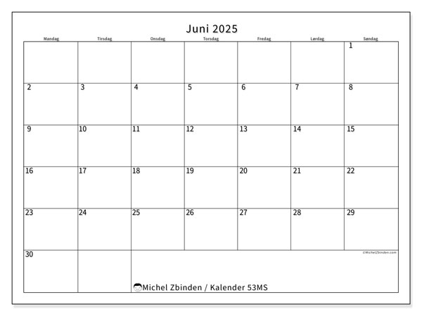 Kalender juni 2025 “53”. Gratis kalender for utskrift.. Mandag til søndag