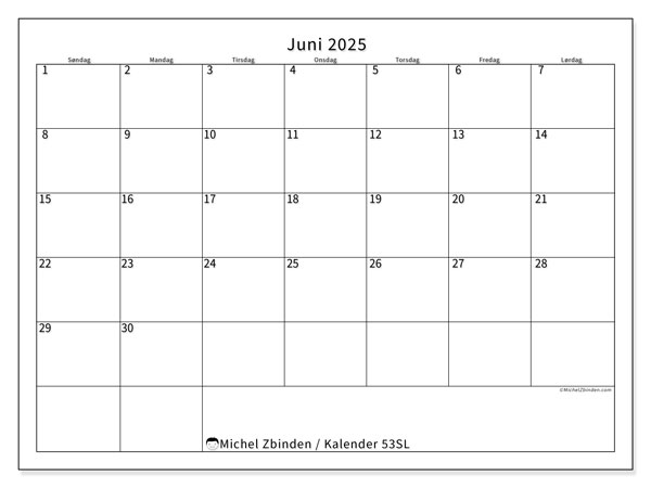 Kalender juni 2025 “53”. Gratis kalender for utskrift.. Søndag til lørdag