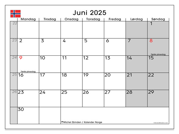 Kalendarz do druku, czerwiec 2025, Norwegia