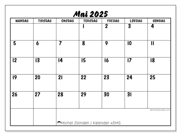 Kalender for utskrift, mai 2025, 45MS