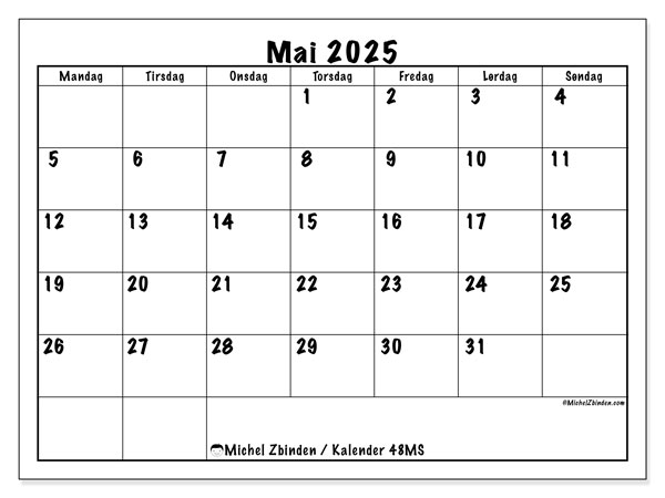 Kalender for utskrift, mai 2025, 48MS