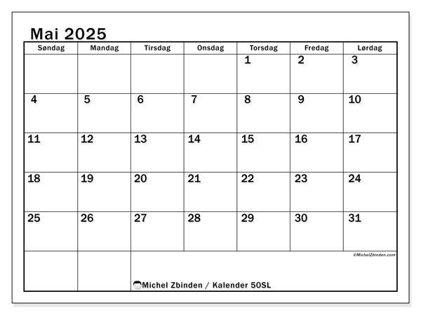 Kalender mai 2025 “50”. Gratis kalender for utskrift.. Søndag til lørdag