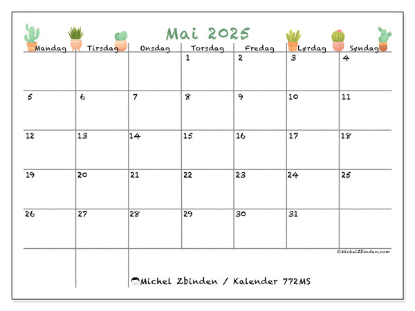 Kalender for utskrift, mai 2025, 772MS