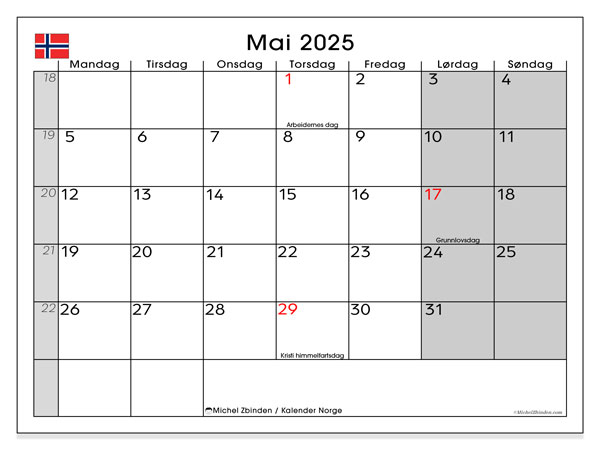 Kalender for utskrift, mai 2025, Norge