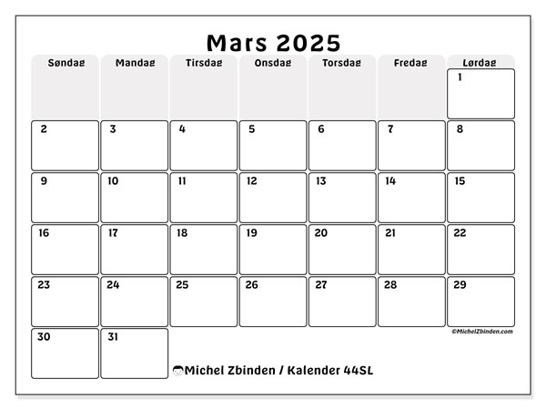 Kalender mars 2025 “44”. Gratis kalender for utskrift.. Søndag til lørdag