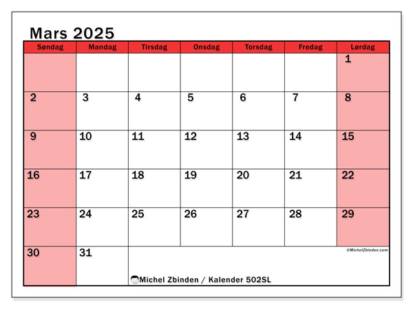 Kalender mars 2025 “502”. Gratis plan for utskrift.. Søndag til lørdag