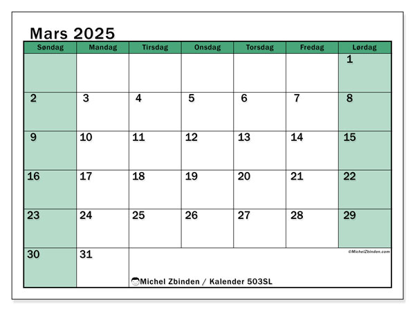 Kalender mars 2025 “503”. Gratis kalender for utskrift.. Søndag til lørdag
