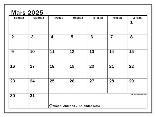 Kalender mars 2025 “50”. Gratis plan for utskrift.. Søndag til lørdag