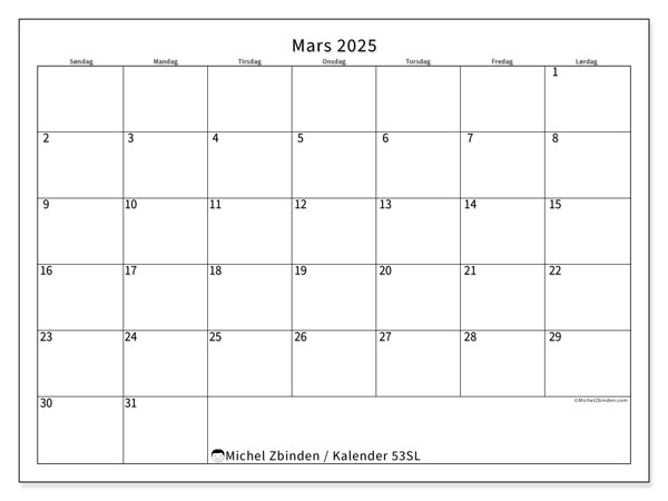 Kalender mars 2025 “53”. Gratis program for utskrift.. Søndag til lørdag