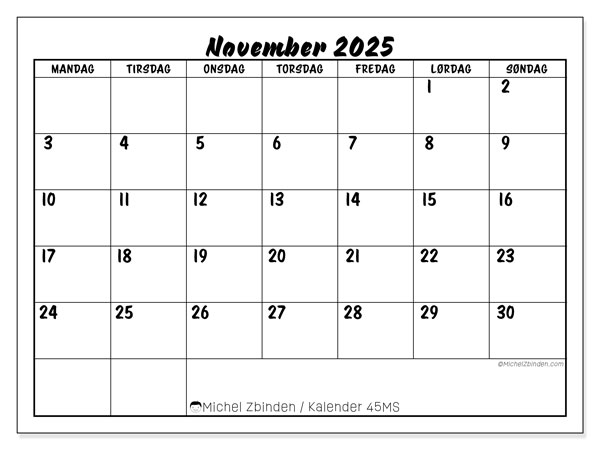 Kalender for utskrift, november 2025, 45MS