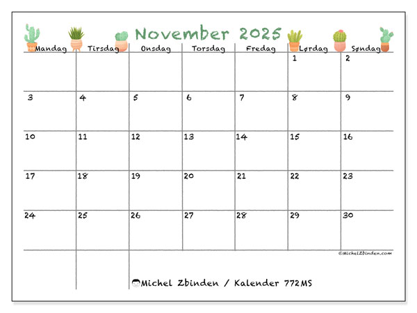 Kalender for utskrift, november 2025, 772MS