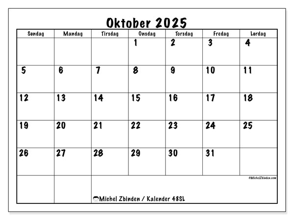 Kalender for utskrift, oktober 2025, 48SL