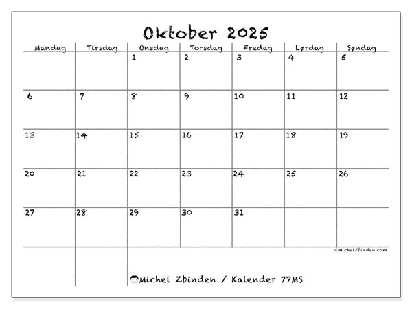 Kalender for utskrift, oktober 2025, 77MS