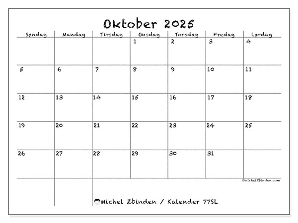 Kalender for utskrift, oktober 2025, 77SL