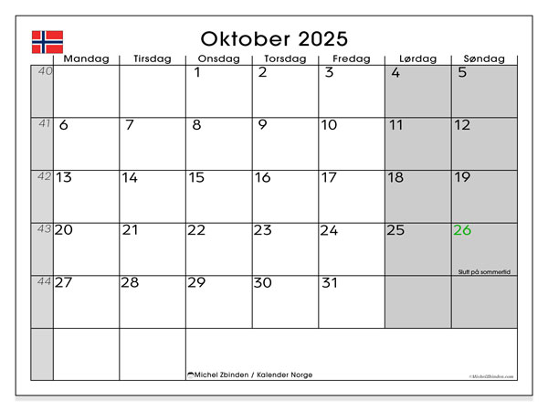 Tulostettava kalenteri, lokakuu 2025, Norja