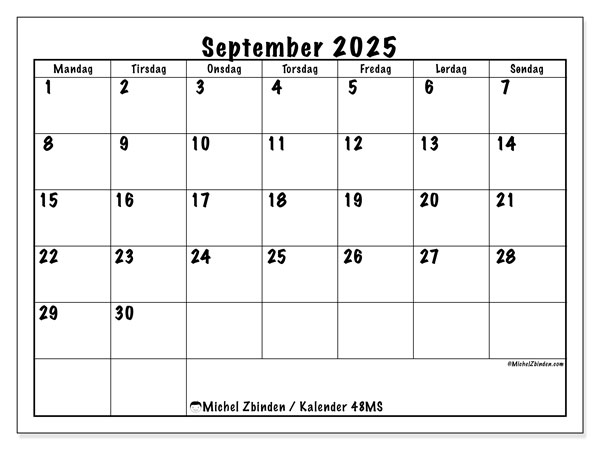 Kalender for utskrift, september 2025, 48MS