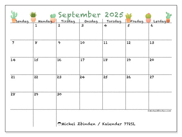 Kalender for utskrift, september 2025, 772SL