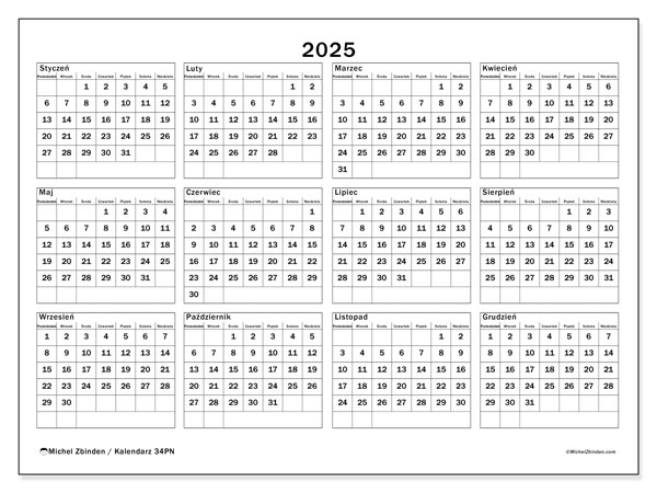 Kalendarz kwiecień 2025 “34”. Darmowy plan do druku.. Od poniedziałku do niedzieli
