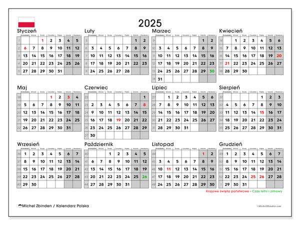 Kalender for utskrift, årlig 2025, Polen