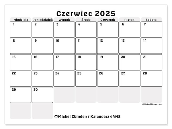 Kalendarz czerwiec 2025 “44”. Darmowy dziennik do druku.. Od niedzieli do soboty