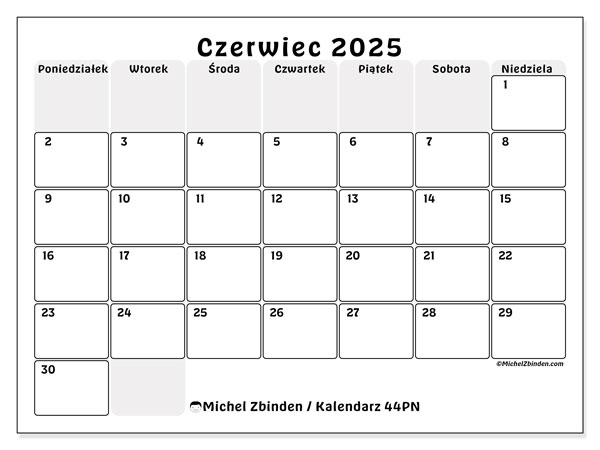Kalendarz czerwiec 2025 “44”. Darmowy dziennik do druku.. Od poniedziałku do niedzieli