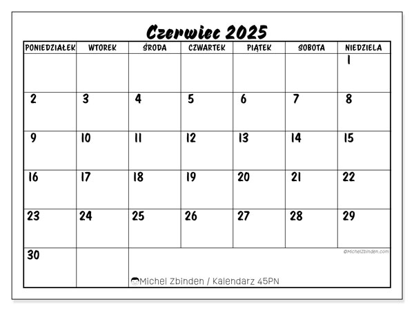 Kalendarz do druku, czerwiec 2025, 45PN