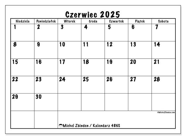 Kalendarz do druku, czerwiec 2025, 48NS
